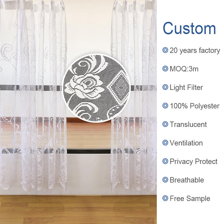 Custom soft living room decoration Textile White print self embroidered Sheer Polyester Fabric Curtains