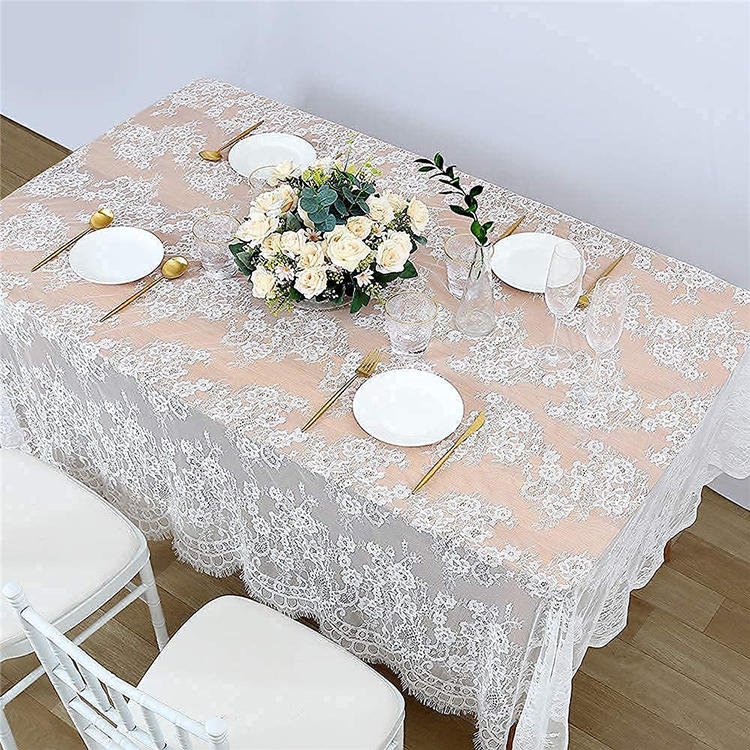 Lightweight white polyester plain rectangle dinner wedding lace jacquard table clothes fabric