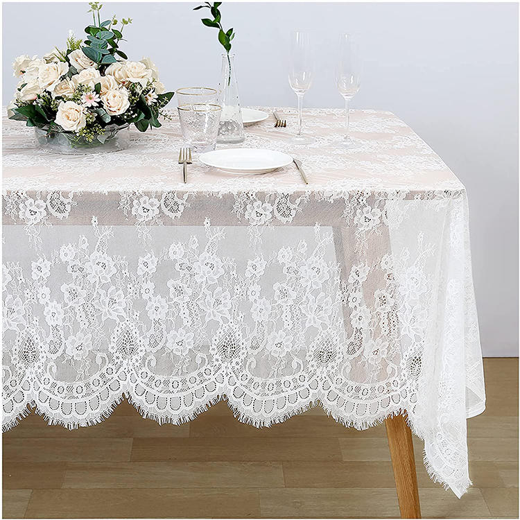 Lightweight white polyester plain rectangle dinner wedding lace jacquard table clothes fabric