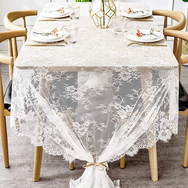 Party wedding polyester white cover lace floral dining table table cloth fabric