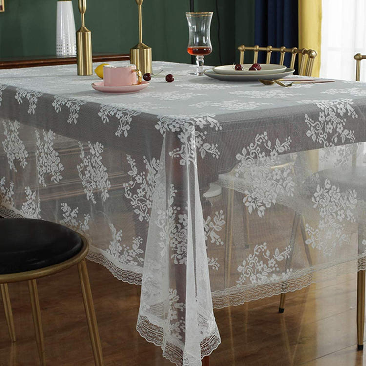 Plain white jacquard floral elegant rectangle lace table cloth wedding cheap t fabric