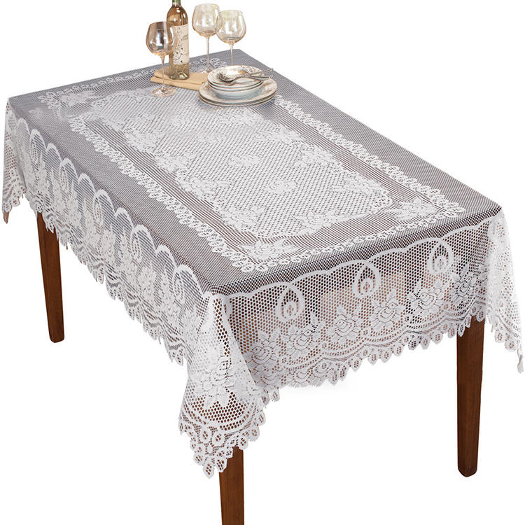 Custom floral dining polyester wedding white jacquard plain round lace tablecloth fabric