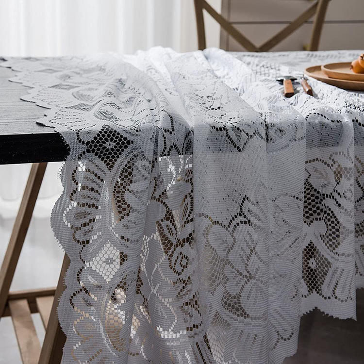 Rectangle cover white jacquard tulle party polyester floral lace wedding tablecloth fabric
